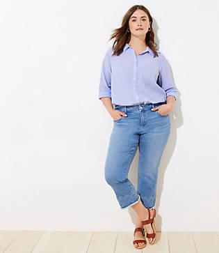Loft Plus Distressed Hem Slim Pocket Flare Crop Jeans In Authentic Light Indigo Wash