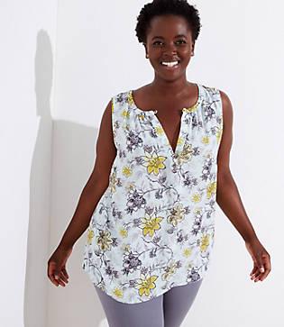 Loft Plus Floral Mixed Media Button Neck Shell