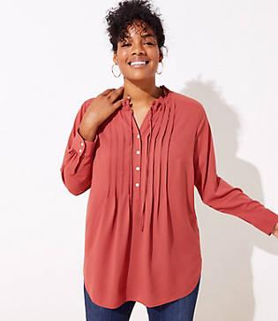 Loft Plus Pintucked Tie Neck Tunic Blouse