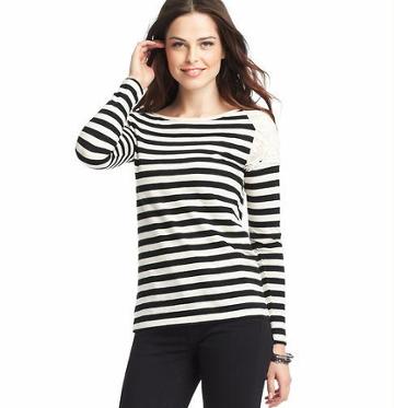 LOFT Crochet Lace Shoulder Striped Tee, Black