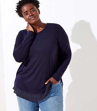 Loft Plus Dotted Flounce Mixed Media Shirttail Top