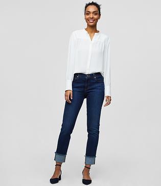 Loft Curvy Frayed Cuff Straight Leg Jeans In Vivid Dark Indigo Wash