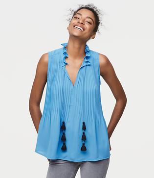 Loft Pleated Tassel Tie Neck Shell