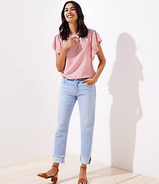 Loft Frayed Flip Cuff Boyfriend Jeans In Light Indigo
