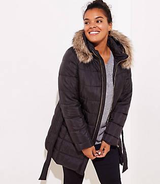 Loft Plus Faux Fur Trim Belted Puffer Coat