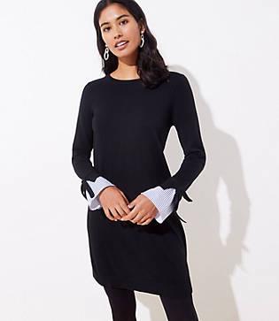 Loft Striped Tie Cuff Mixed Media Sweater Dress