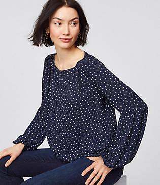 Loft Dotted Lantern Sleeve Shirred Blouse