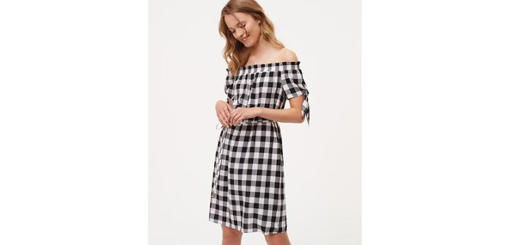 Loft Gingham Tie Off The Shoulder Dress