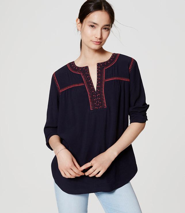 Loft Embroidered Split Neck Blouse