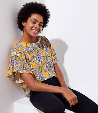 Loft Abstract Floral Tiered Ruffle Sleeve Top