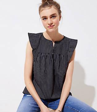 Loft Striped Split Neck Flutter Top