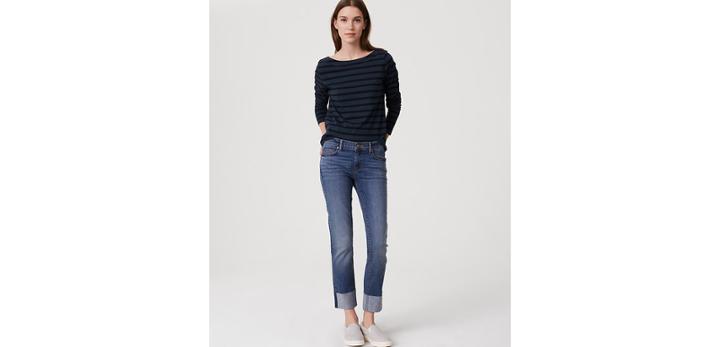 Loft Curvy Frayed Cuff Straight Leg Jeans In Classic Dark Indigo Wash