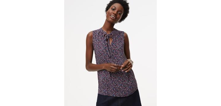 Loft Mini Floral Tie Neck Mixed Media Shell