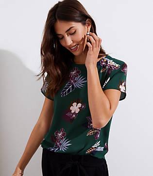 Loft Tropical Floral Button Shoulder Clean Tee