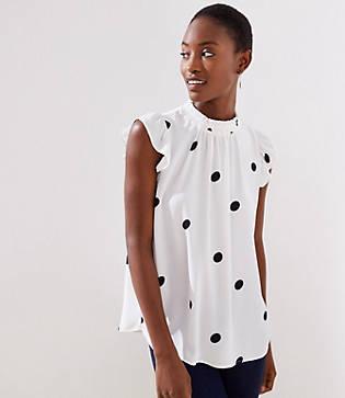 Loft Dotted Smocked Neck Flutter Shell