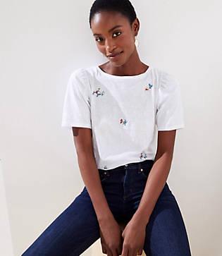 Loft Embroidered Floral Vintage Soft Puff Sleeve Tee