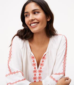 Loft Embroidered Tassel Tie Neck Blouse