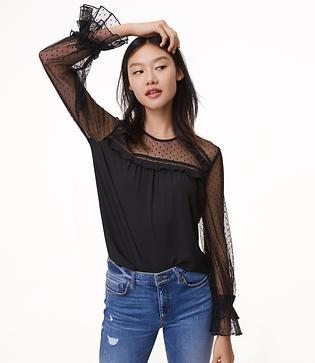 Loft Sheer Dot Ruffle Blouse