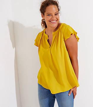 Loft Plus Mixed Media Split Neck Flutter Top