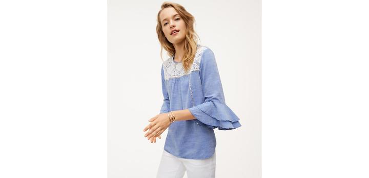 Loft Crochet Chambray Bell Sleeve Top