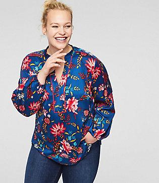 Loft Plus Wildflower Satin Split Neck Blouse