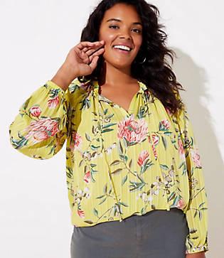 Loft Plus Floral Pleated Tie Neck Blouse
