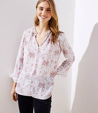 Loft Floral Paisley Ruffle Split Neck Blouse