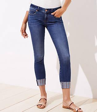 Loft Curvy Embroidered Hem Skinny Crop Jeans In Original Mid Indigo Wash