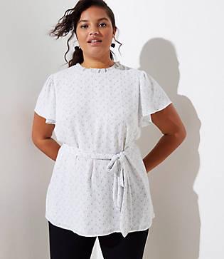 Loft Plus Dotted Flutter Tie Waist Blouse