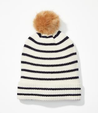 Loft Striped Faux Fur Pom Pom Beanie