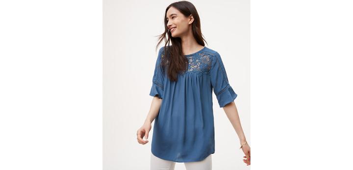 Loft Lace Yoke Mixed Media Top