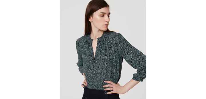 Loft Spotted Ruffle Neck Mixed Media Top