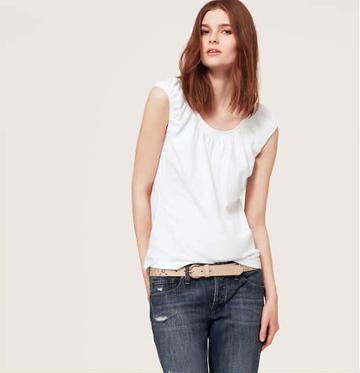 LOFT Shirred Cotton Peasant Tee, White