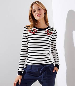 Loft Floral Embroidered Striped Sweater