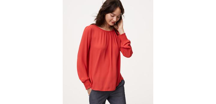 Loft Mixed Media Smocked Cuff Blouse