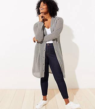 Loft Plus Striped Long V-neck Cardigan
