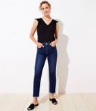 Loft Frayed High Rise Straight Leg Jeans In Distressed Mid Indigo Wash
