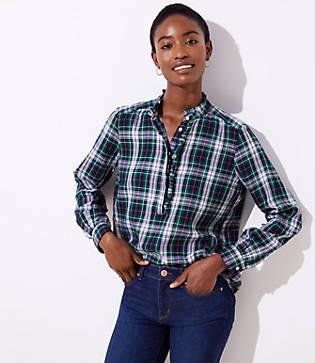Loft Plaid Ruffle Utility Henley Blouse