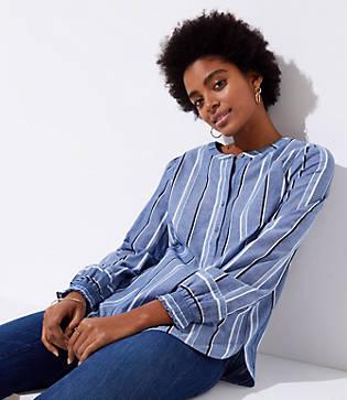 Loft Striped Smocked Cuff Henley Shirt