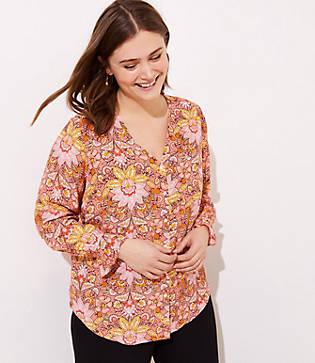Loft Plus Paisley Bell Cuff Button Front Blouse