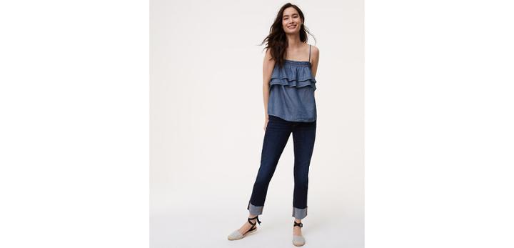 Loft Modern Frayed Cuff Straight Leg Jeans In Super Dark Indigo Wash