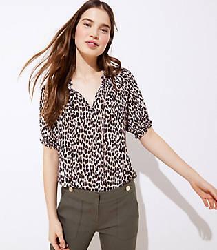 Loft Leopard Print Ruffle Tie Neck Top