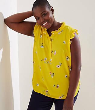 Loft Plus Floral Ruffle Henley Shell