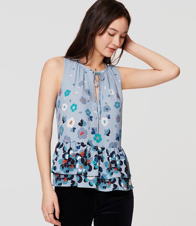 Loft Floral Tie Neck Peplum Shell