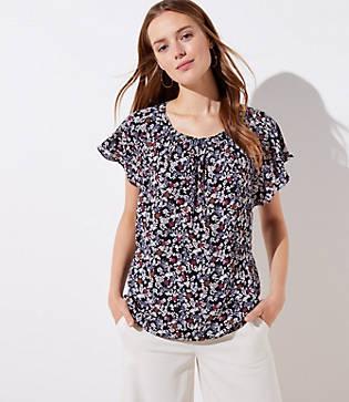 Loft Floral Smocked Mixed Media Top