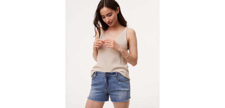 Loft Cut Off Denim Shorts In Mid Vintage Wash