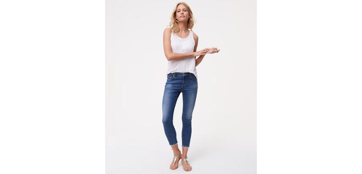Loft Modern Frayed Skinny Ankle Jeans In Bright Mid Indigo Wash