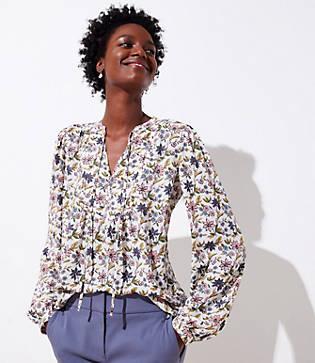 Loft Floral Tie Neck Blouson Top