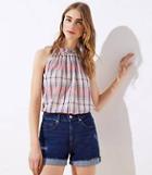 Loft Distressed High Waist Denim Roll Shorts In Rich Dark Indigo Wash