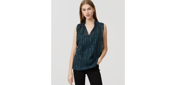 Loft Shimmer Stripe Tie Neck Shell